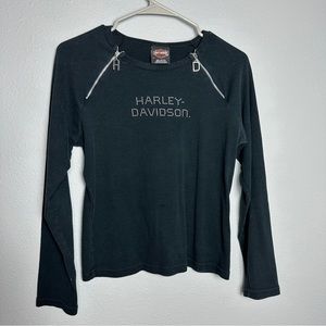 Harley Davidson Medium Womens Long Sleeve Black Zip Neck 100% Cotton Shirt